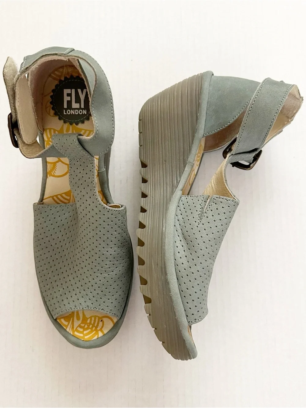 Fly London Yall Cupido Perforated Peep Toe Cut Out Wedge Heel 38 Pale Blue NEW